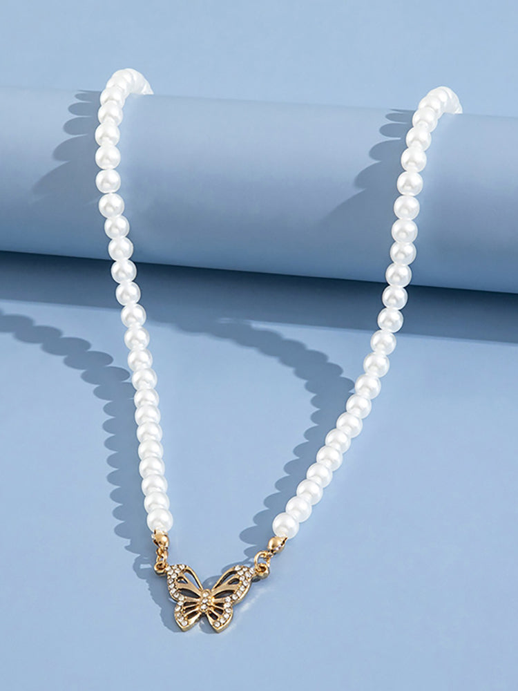 Pearl Butterfly Pendant Collar Necklace