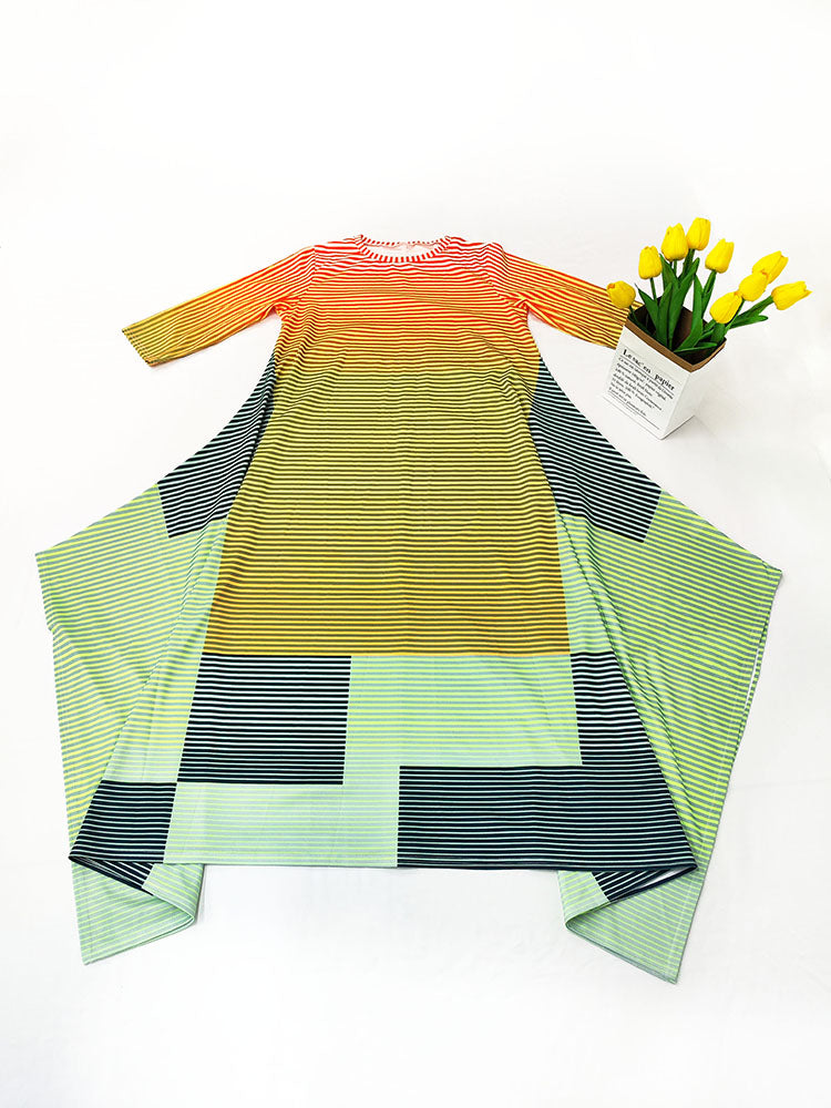 Half Sleeves Striped Asymmetrical Midi Dress