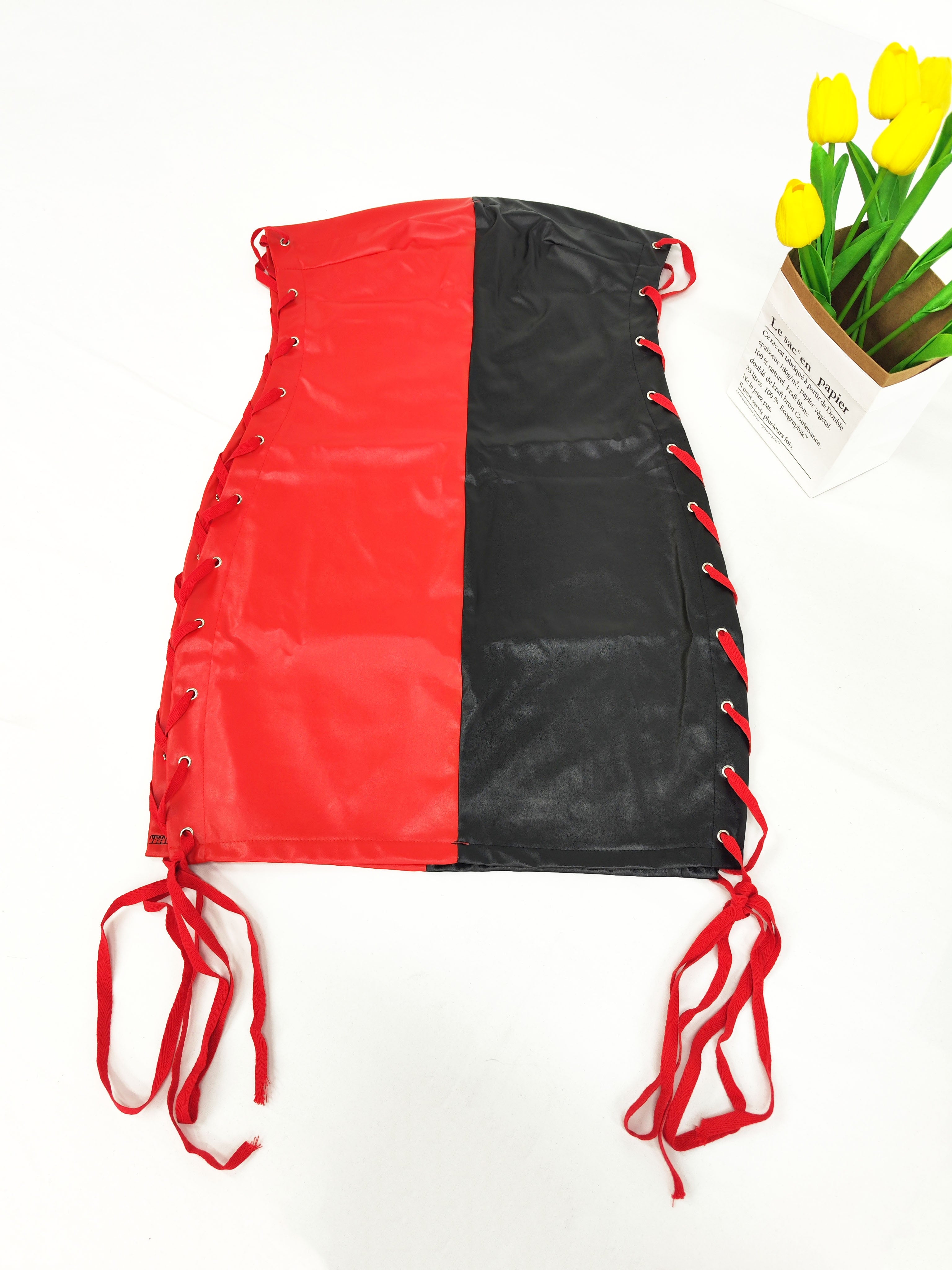 Leather Off Shoulder Tie Mini Dress