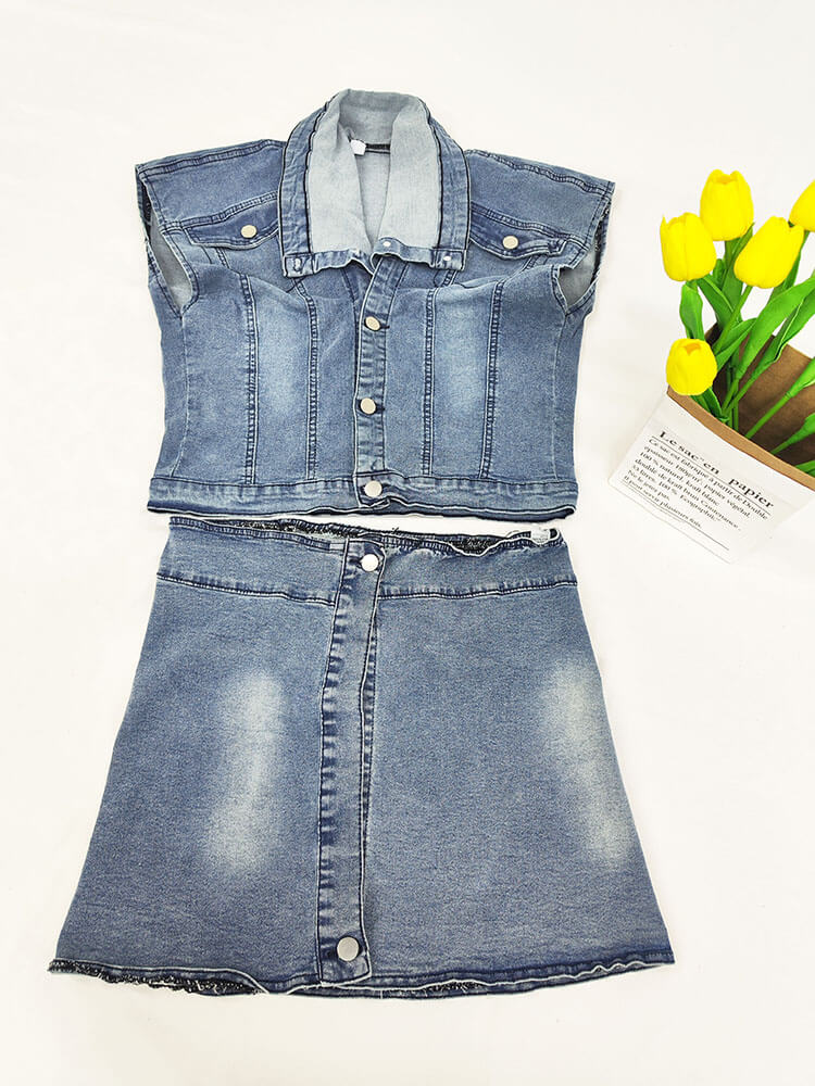Denim Two Piece Crop Top Mini Skirts