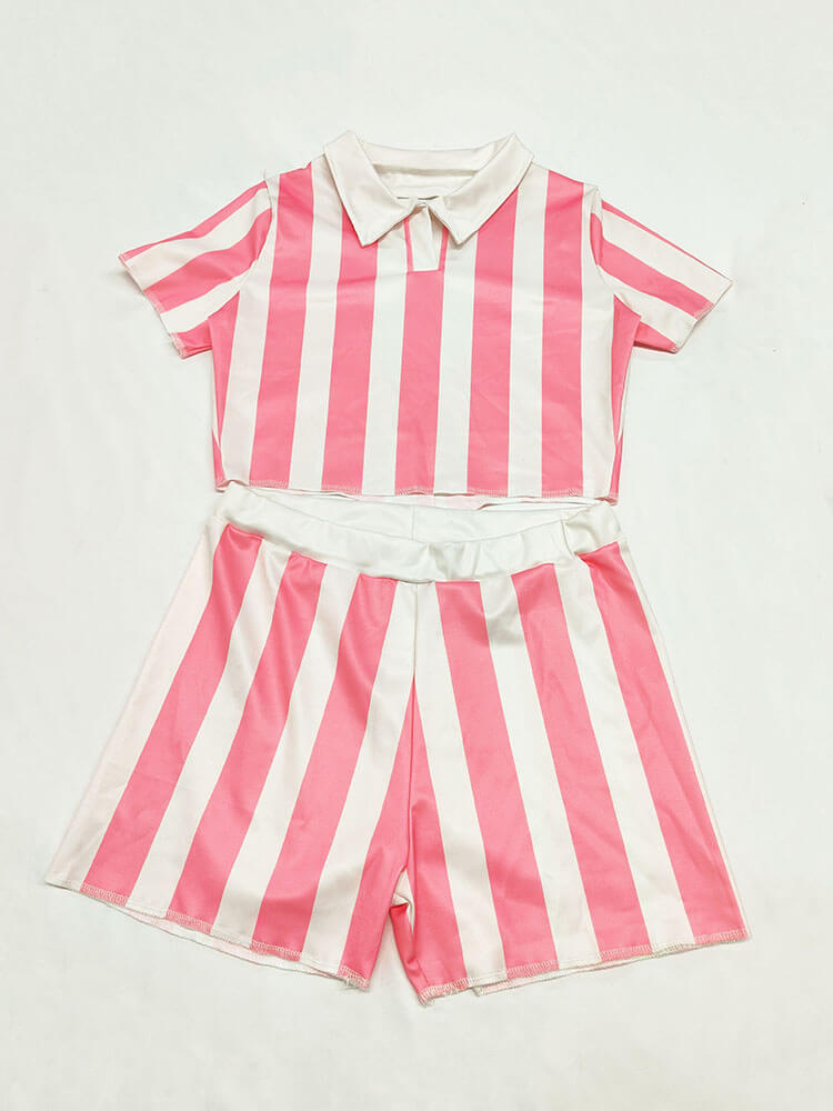Two Piece Short Sleeve Striped Crop Top Shorts