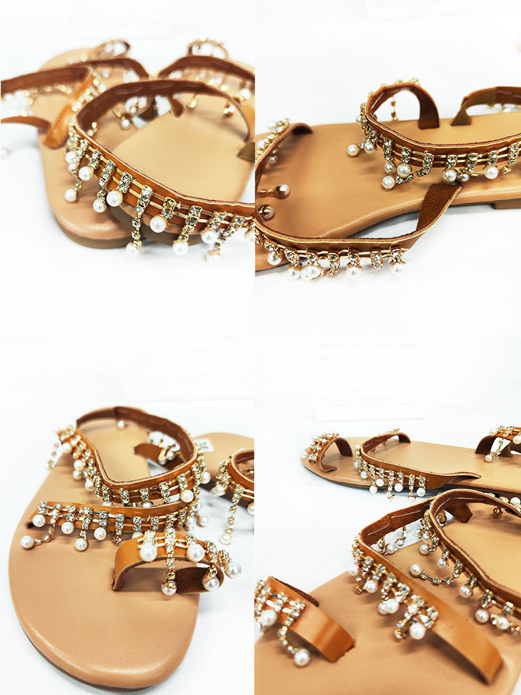Pearl Pachwork Open Toe Beachwear Flat Sandal