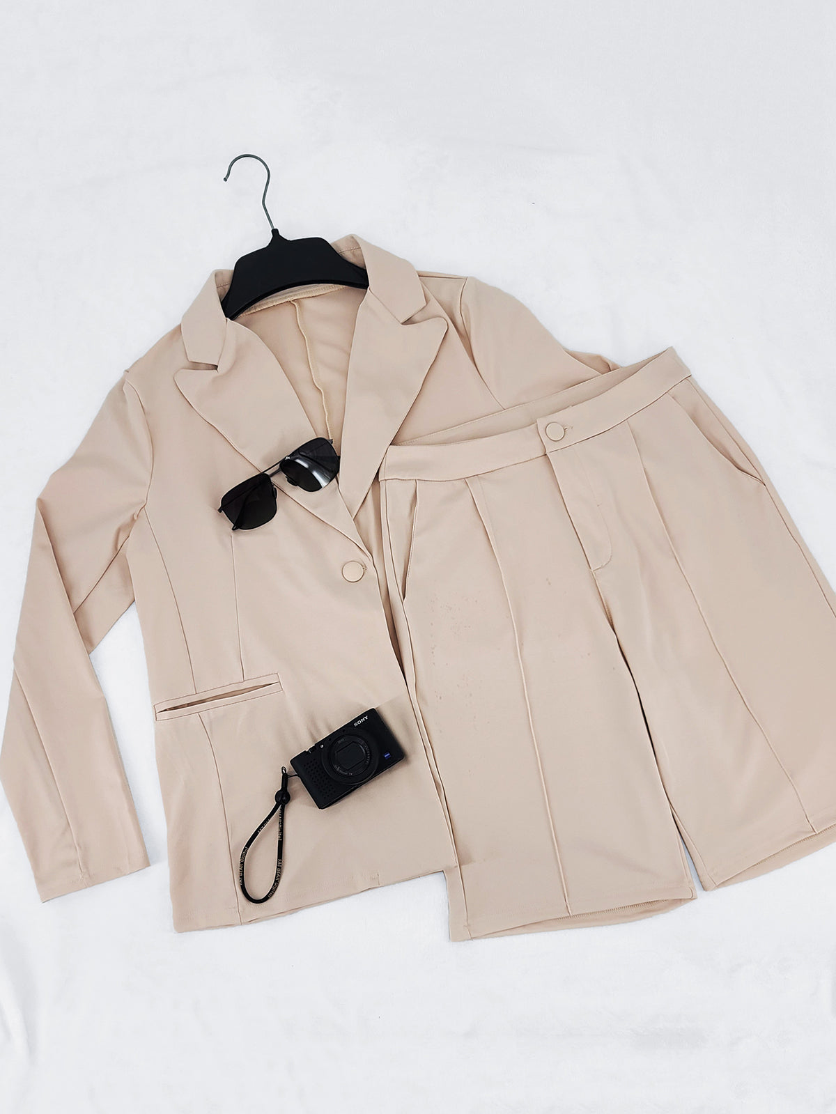 Two Piece Long Sleeve Blazer Shorts Pant Set