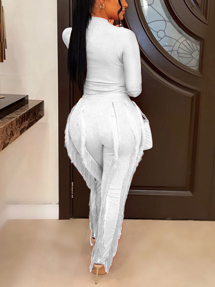 Two Piece Long Sleeve Top Tassel Pants