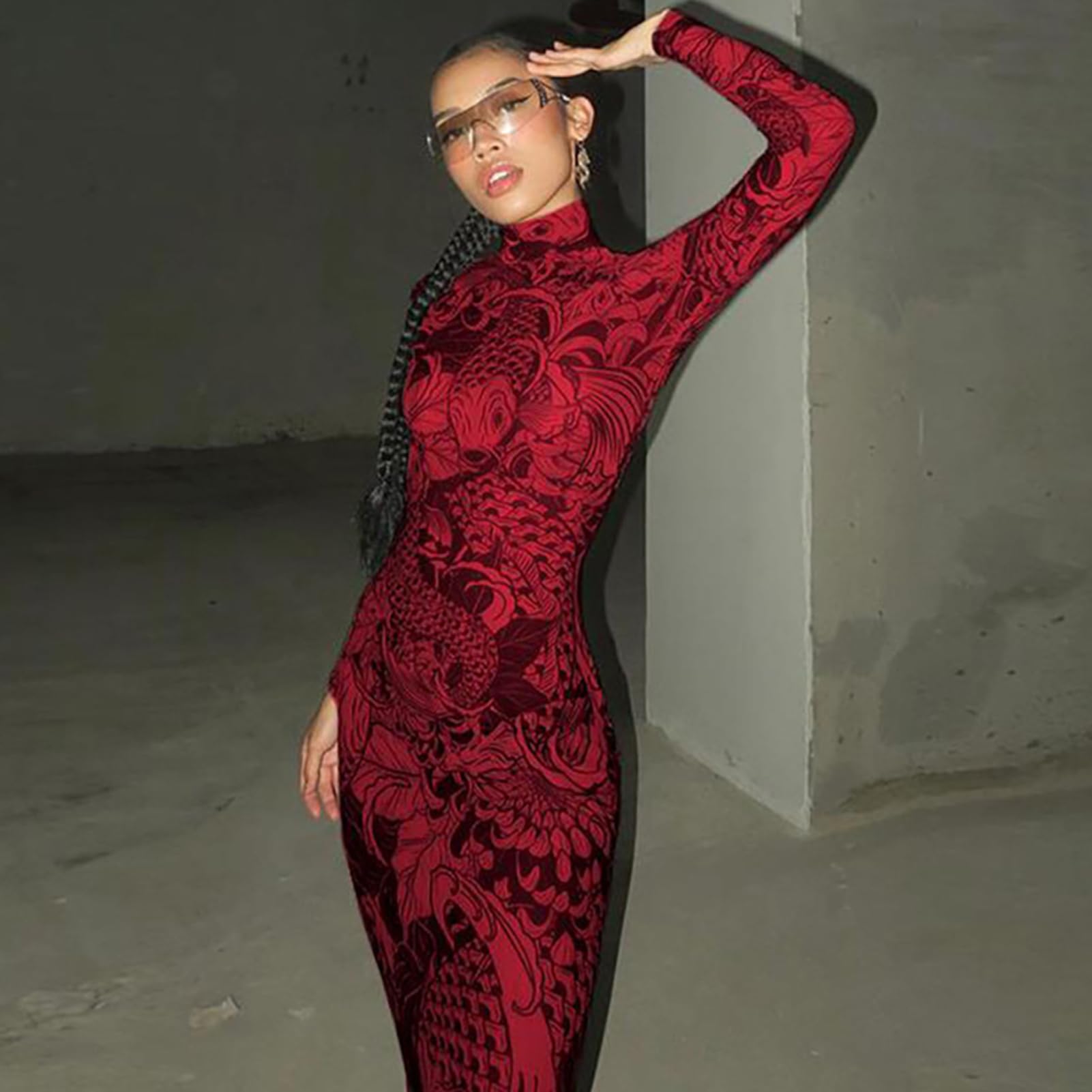 Mock Neck Mesh Print Maxi Dress