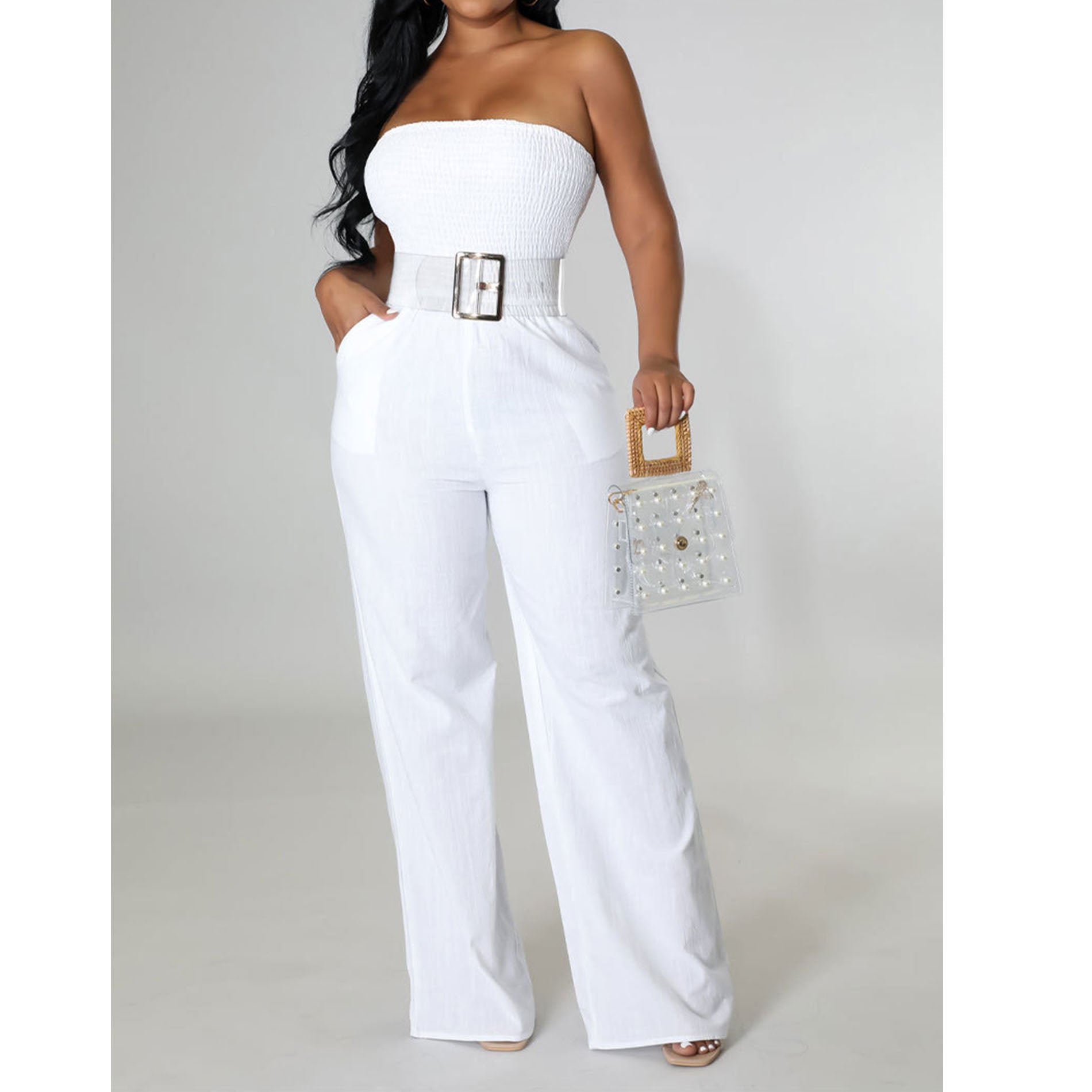 Off Shoulder Strapless Belted Wide Leg Jumpsuit