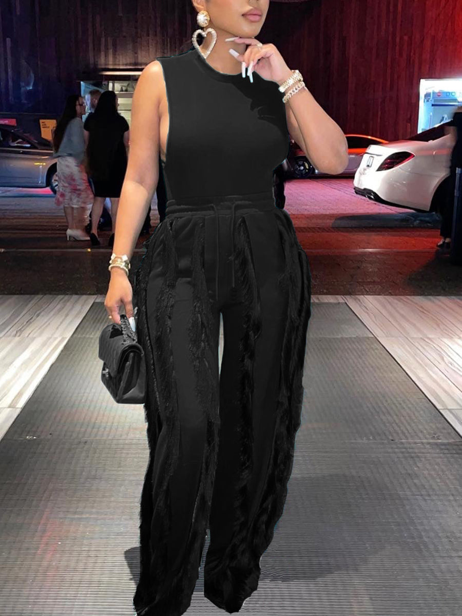 Two Piece Sleeveless Top Tassel Pants