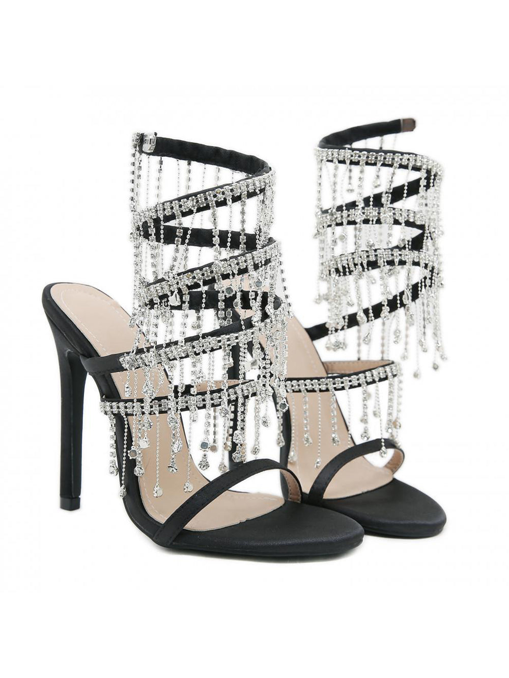 Rhinestone Fringe Ankle-Wrap Stiletto Heels