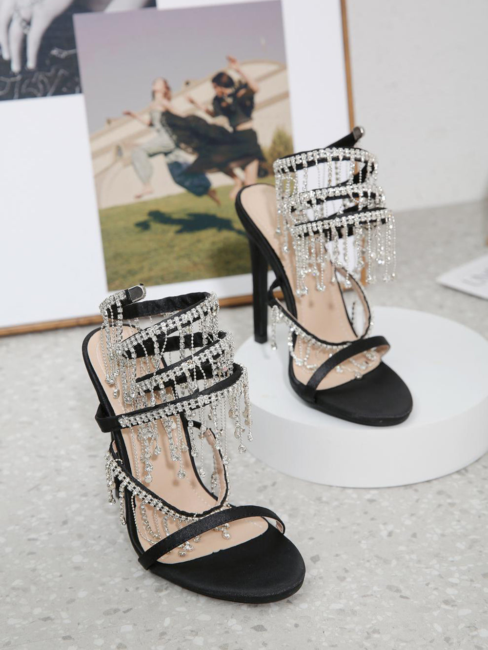 Rhinestone Fringe Ankle-Wrap Stiletto Heels