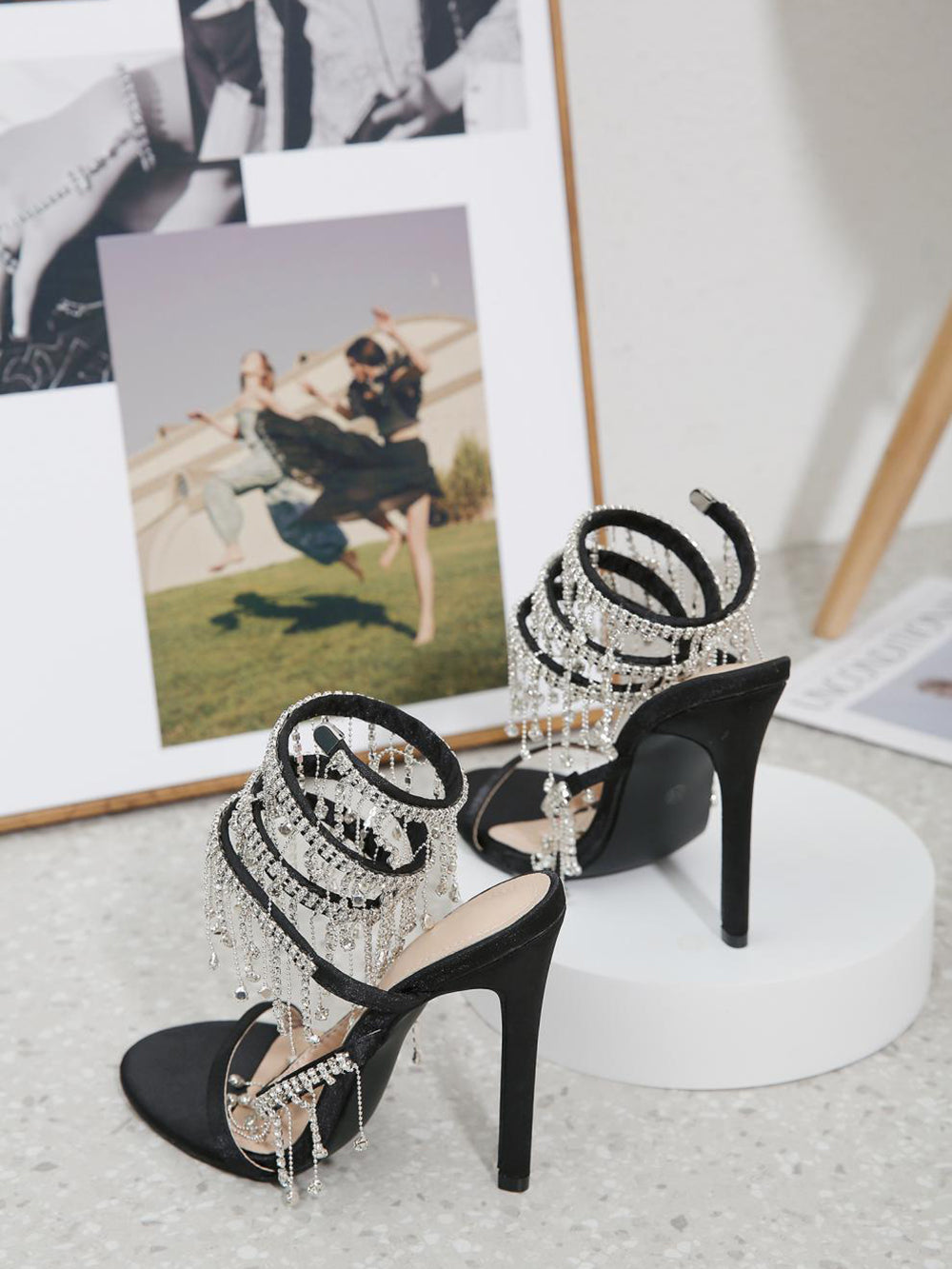 Rhinestone Fringe Ankle-Wrap Stiletto Heels