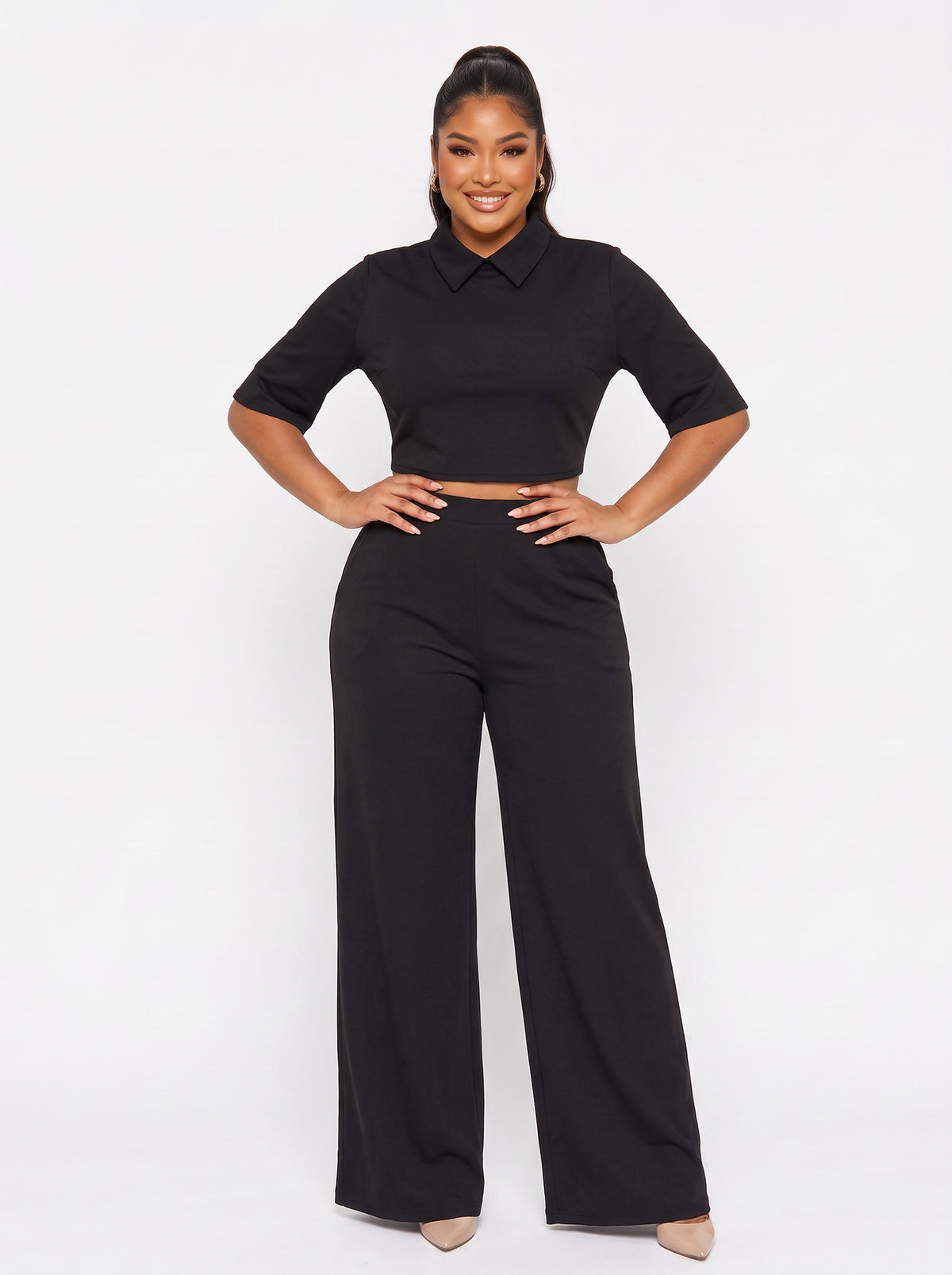 Lapel Batwing Sleeve Wide Leg Pants Set
