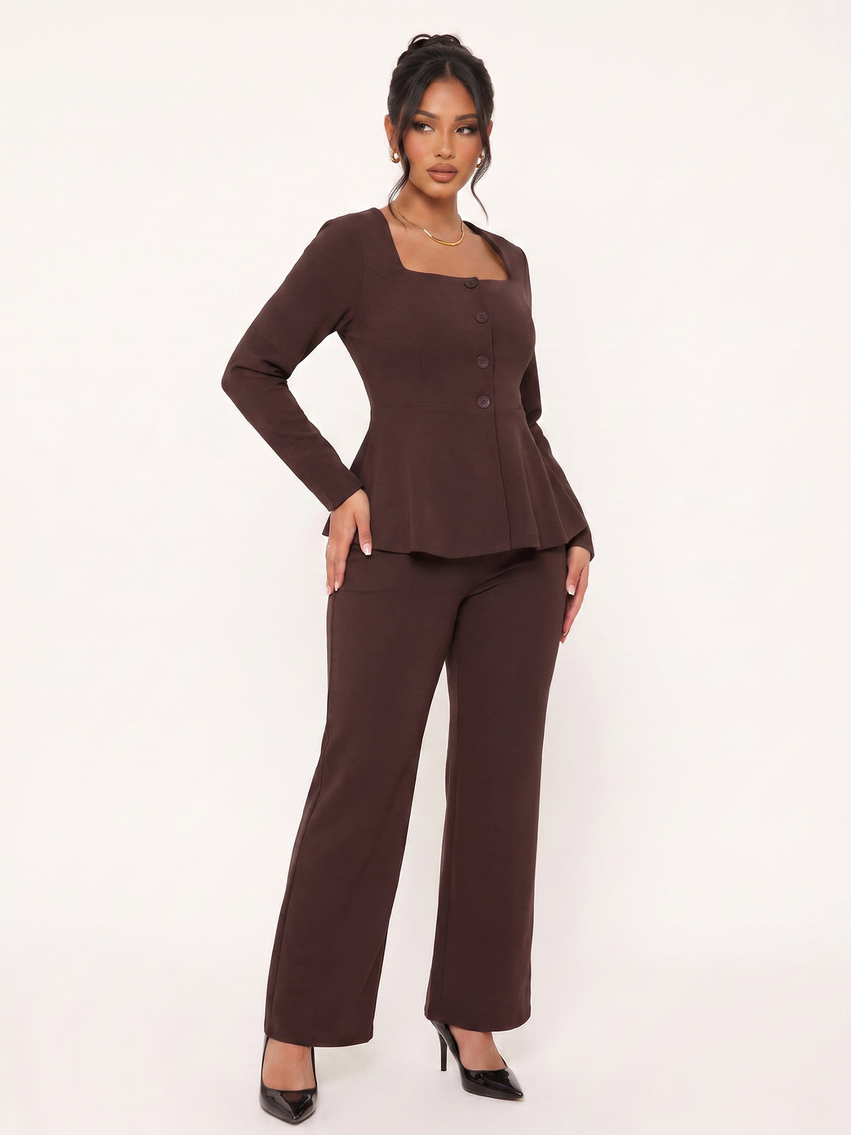 Square Neck Ruffle Blazer Pants Suit