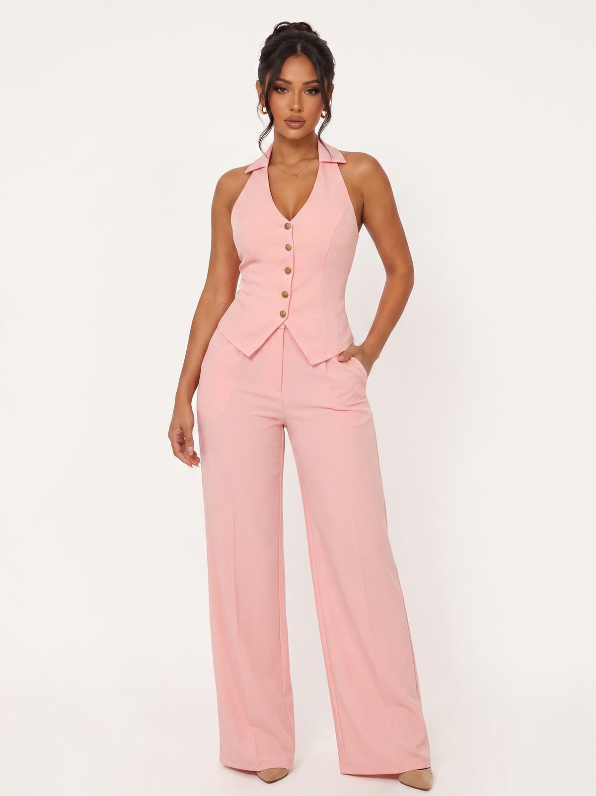 Halter Vest Wide Leg Pants Suit