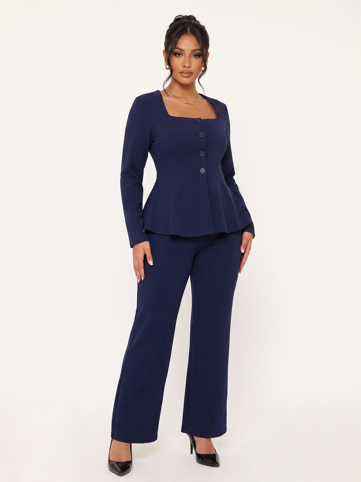 Square Neck Ruffle Blazer Pants Suit