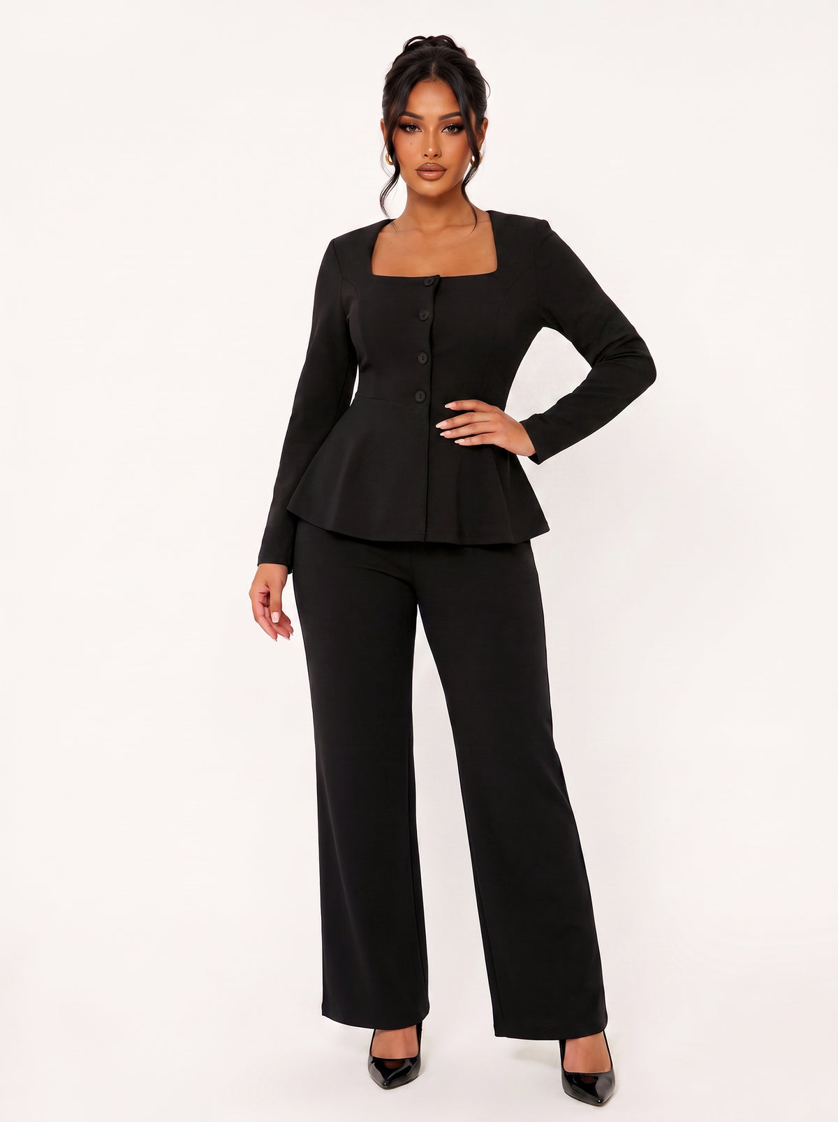 Square Neck Ruffle Blazer Pants Suit