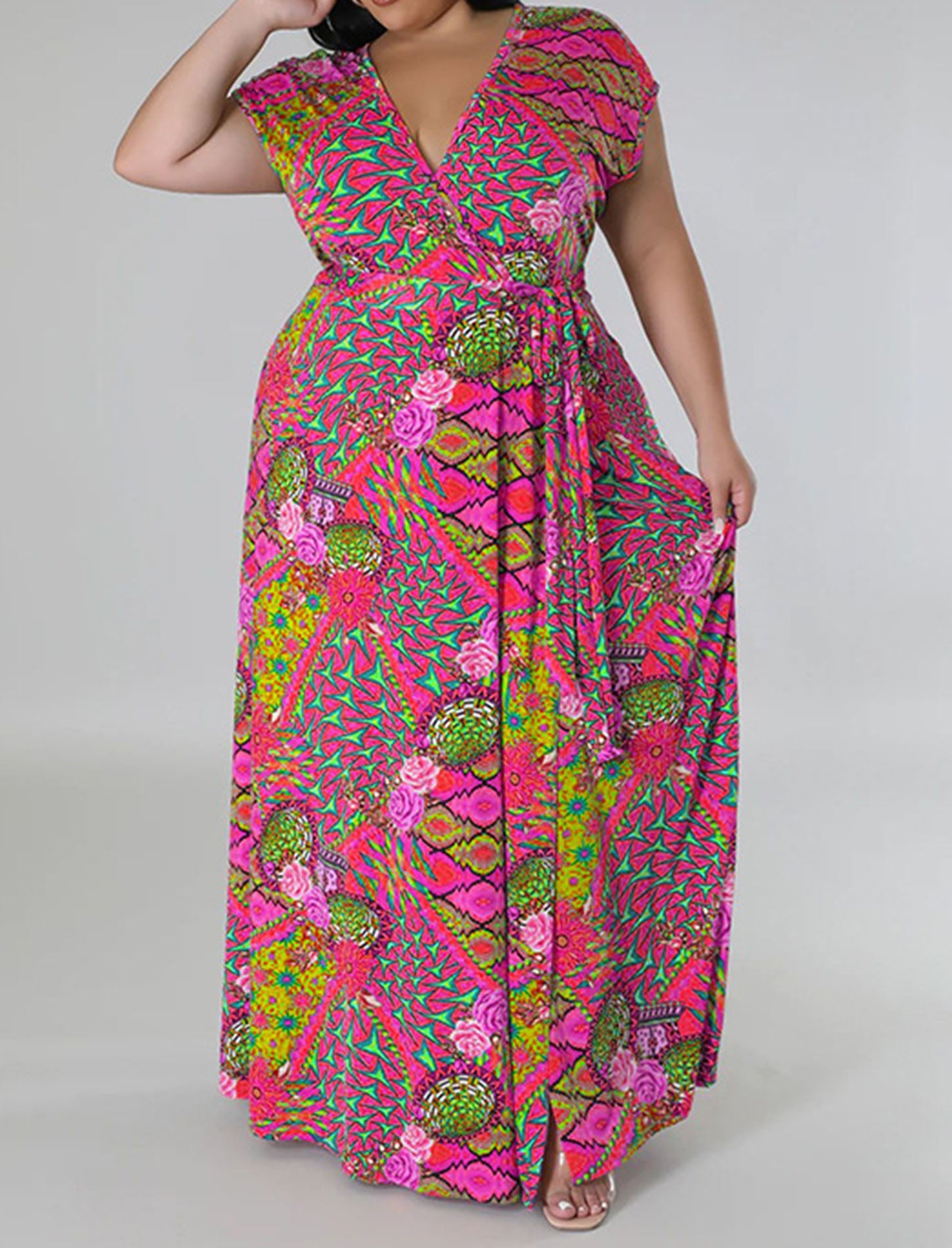 Plus Size Floral Print Split Maxi Dress