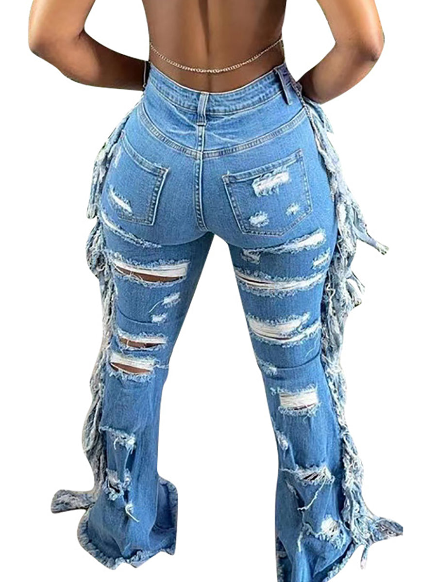 Distressed Fringe Wide-Leg Jeans