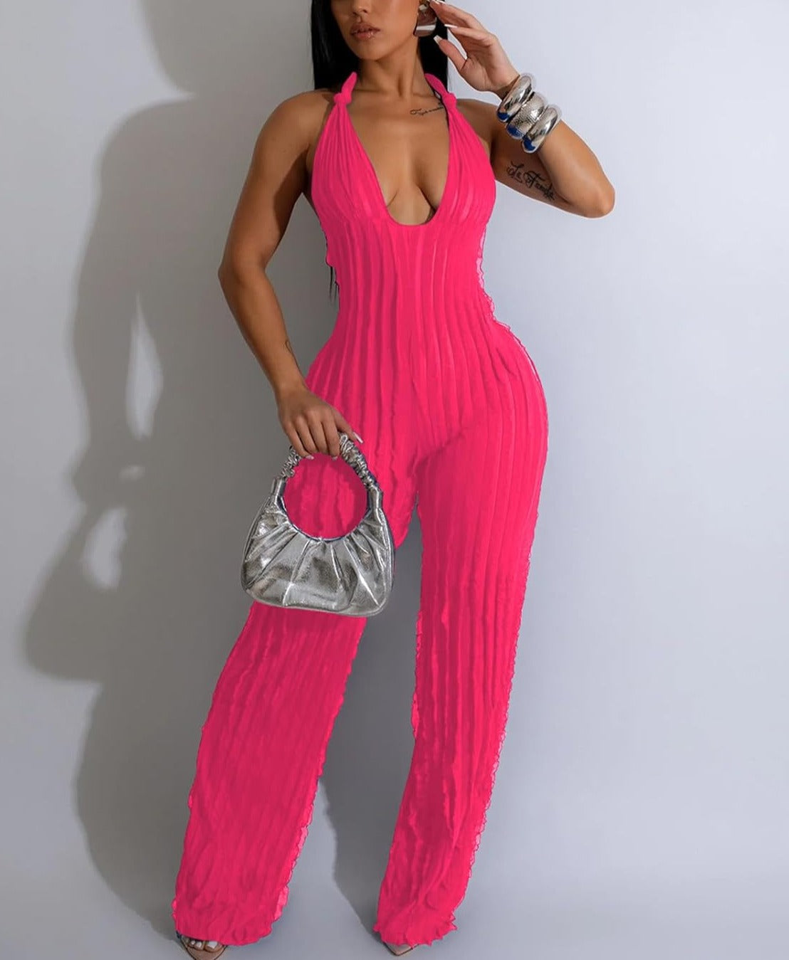 V Neck Pleated Halter Wide Leg Jumpsuit