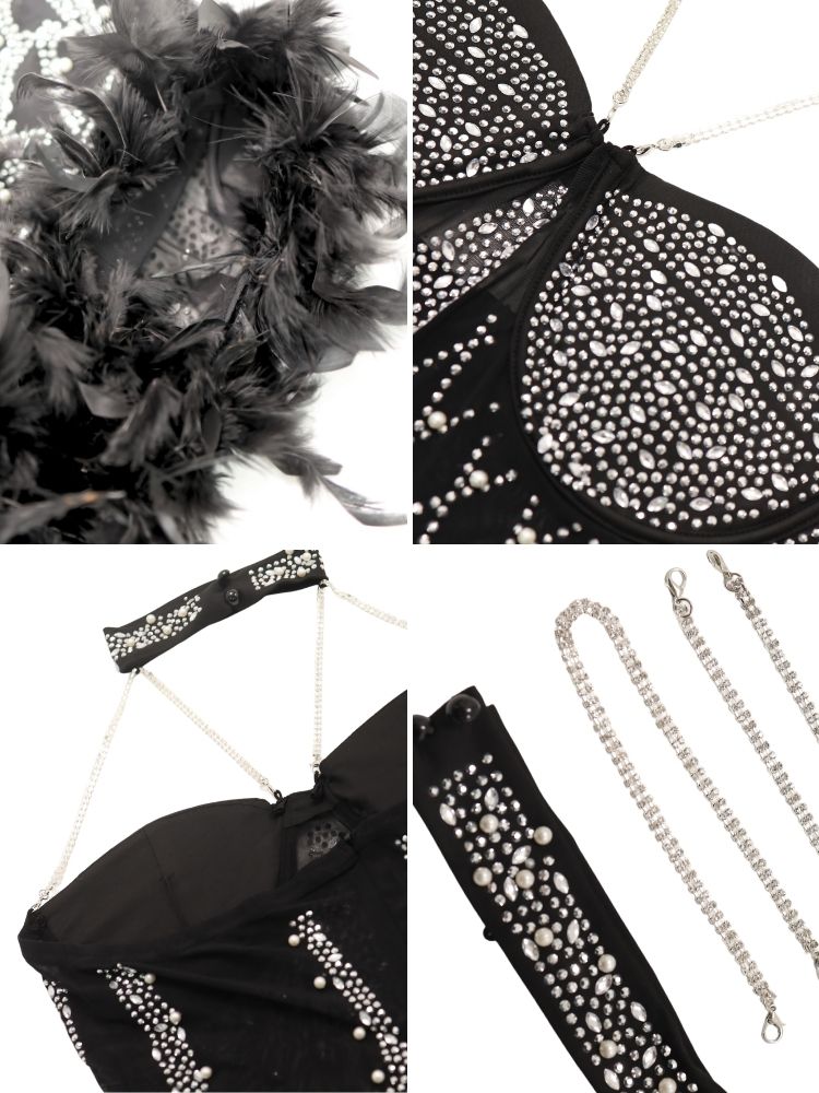 Rhinestone Feathers Halter Neck Romper