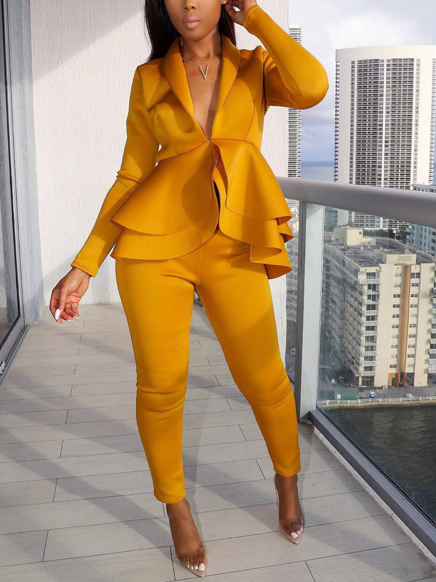 Two Piece Ruffled Blazer Pants Suit