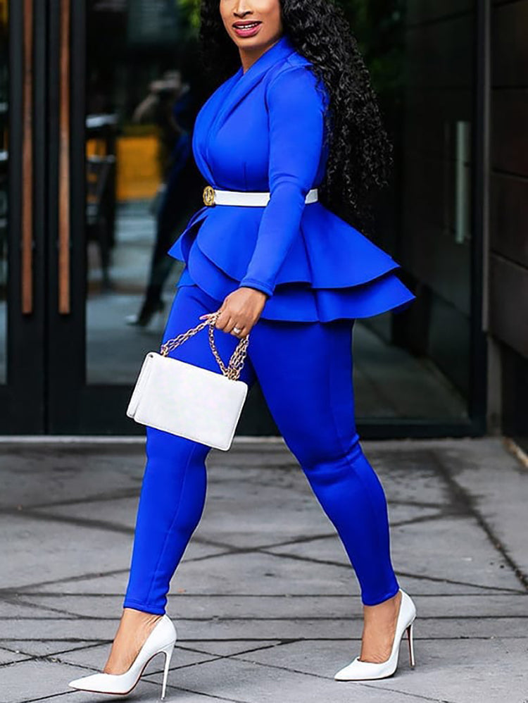 Two Piece Ruffled Blazer Pants Suit