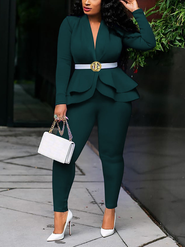 Two Piece Ruffled Blazer Pants Suit