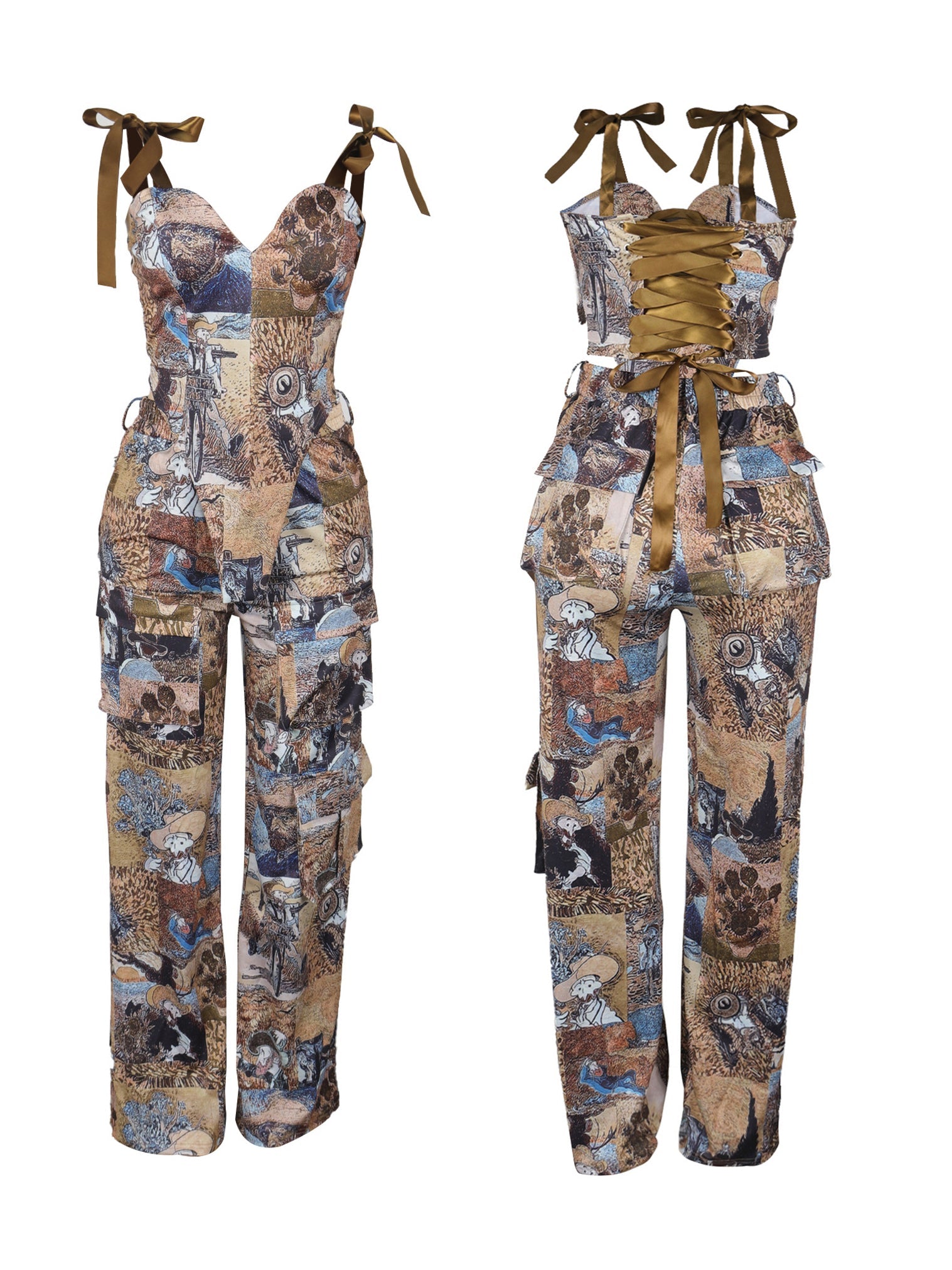 Two Pieces Print Lace-Up Cargo Pants Set