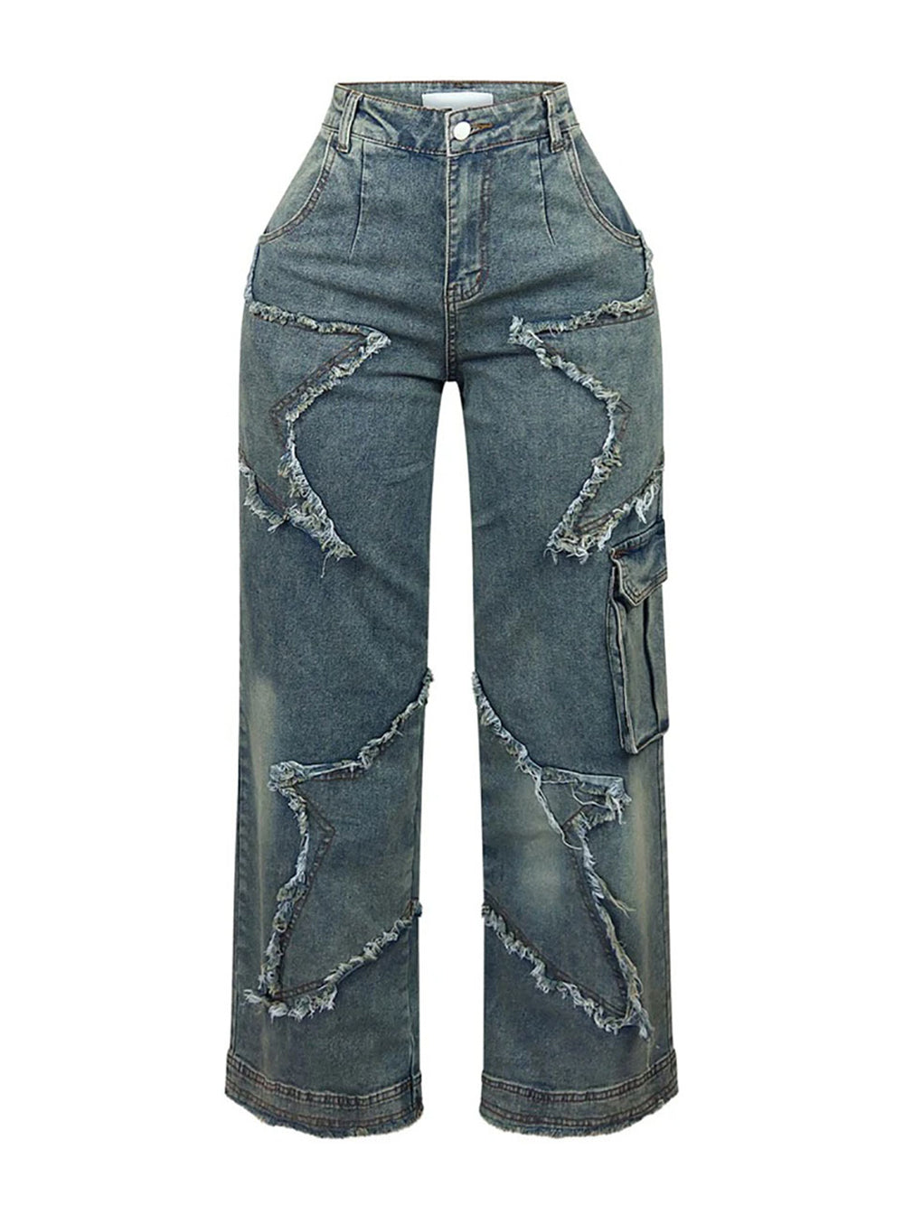 Star Fringe Raw Hem Loose Straight Leg Jeans