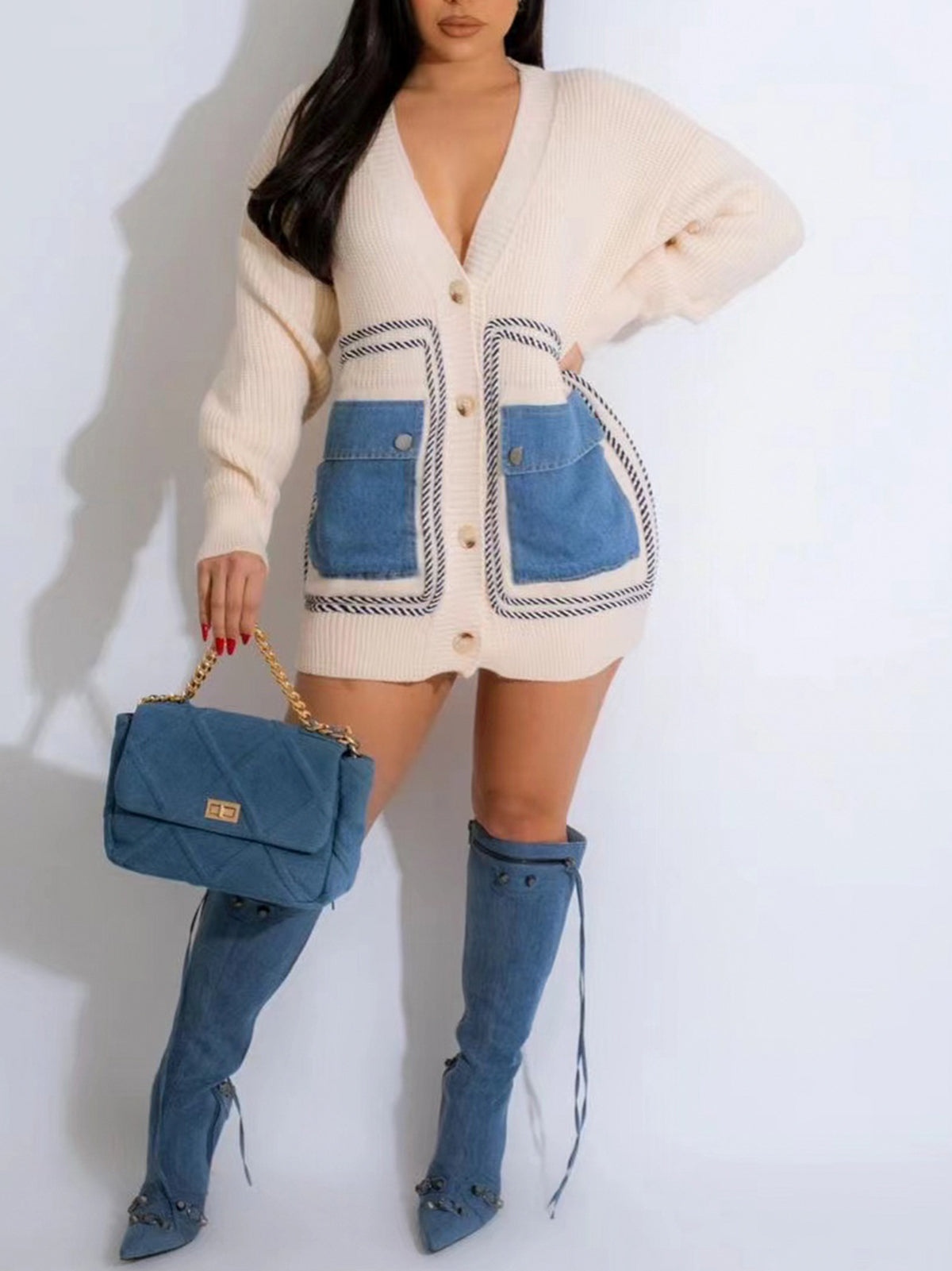 Patchwork Denim Pocket Oversized Cardigan