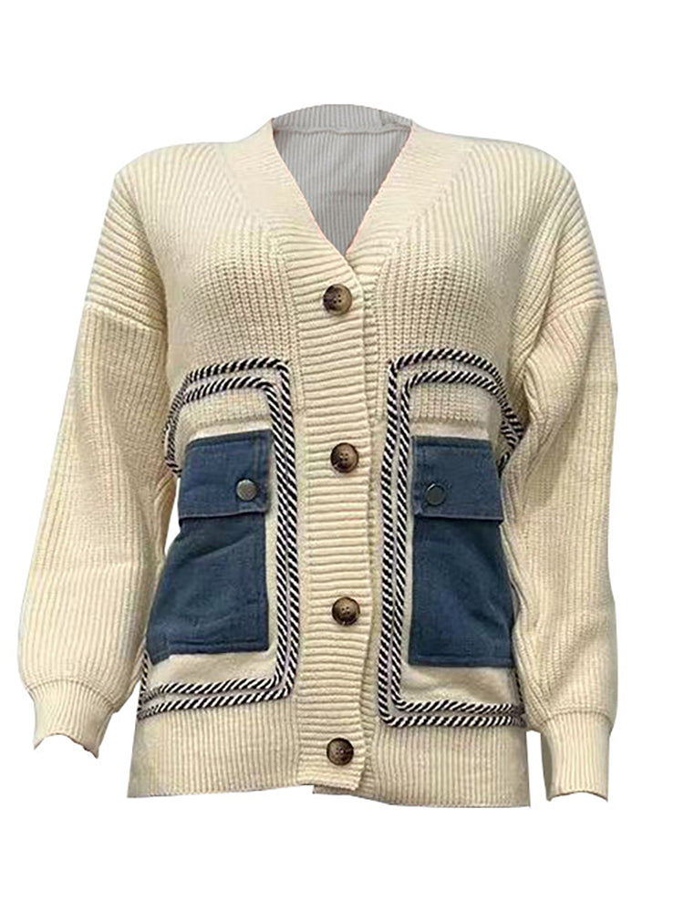 Patchwork Denim Pocket Oversized Cardigan