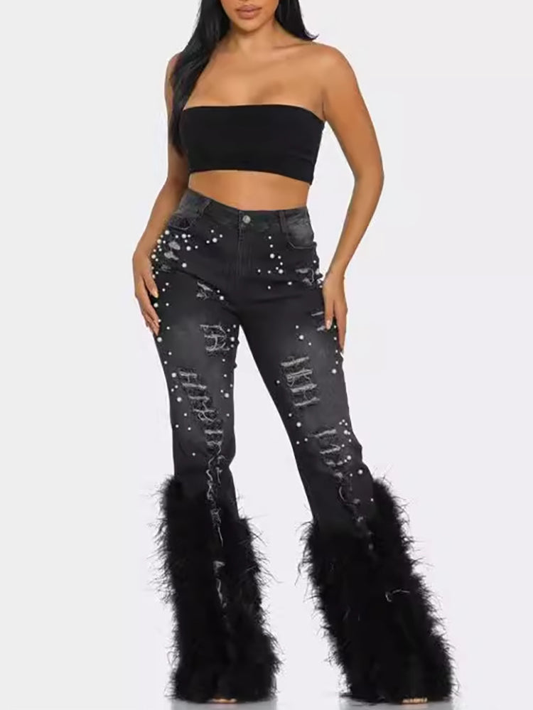 Feather Beaded Distressed Flare Jeans