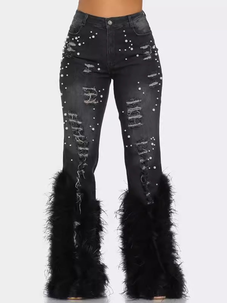 Feather Beaded Distressed Flare Jeans