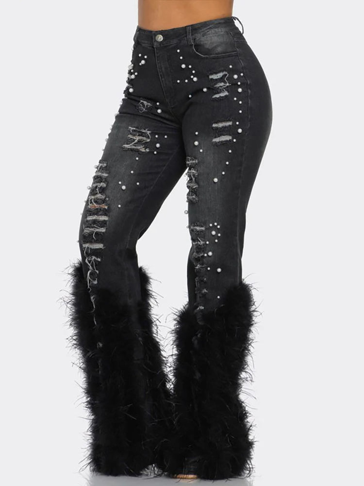 Feather Beaded Distressed Flare Jeans