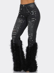 Feather Beaded Distressed Flare Jeans