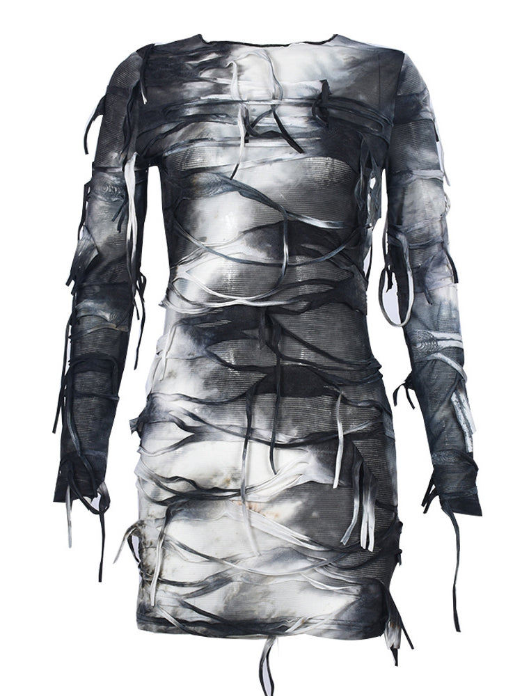 Halloween Tie-Dye Knit Long Sleeve Backless Dress