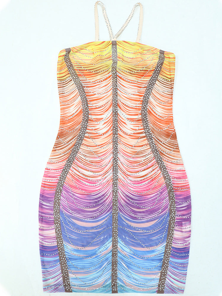 Ombre Color Tassel Rhinestone Mini Dress