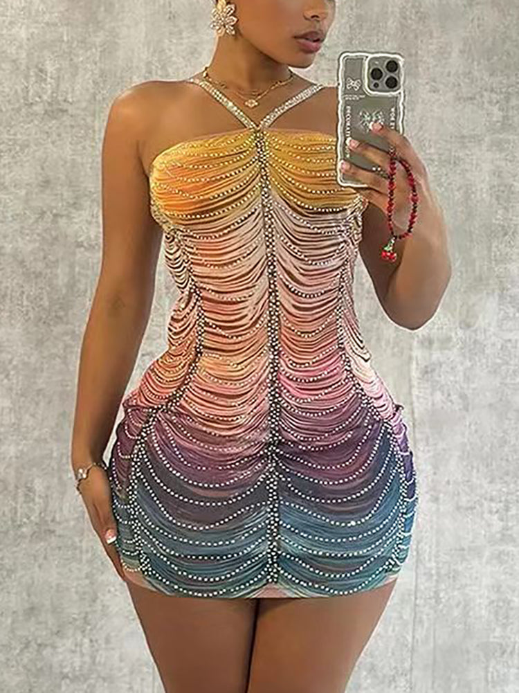 Ombre Color Tassel Rhinestone Mini Dress