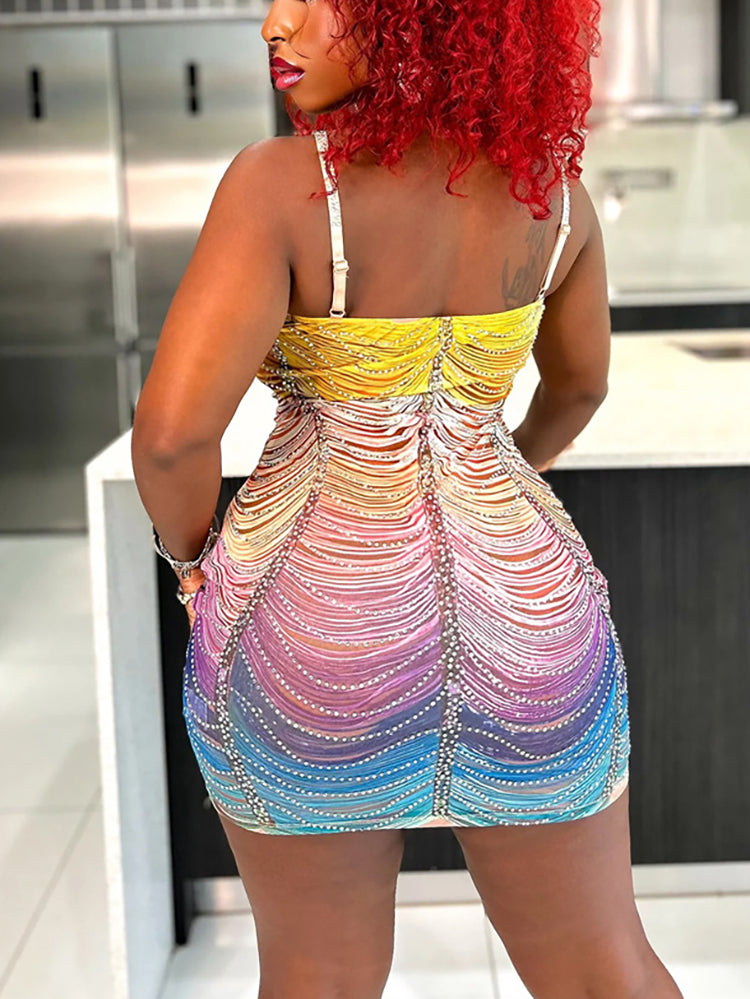 Ombre Color Tassel Rhinestone Mini Dress