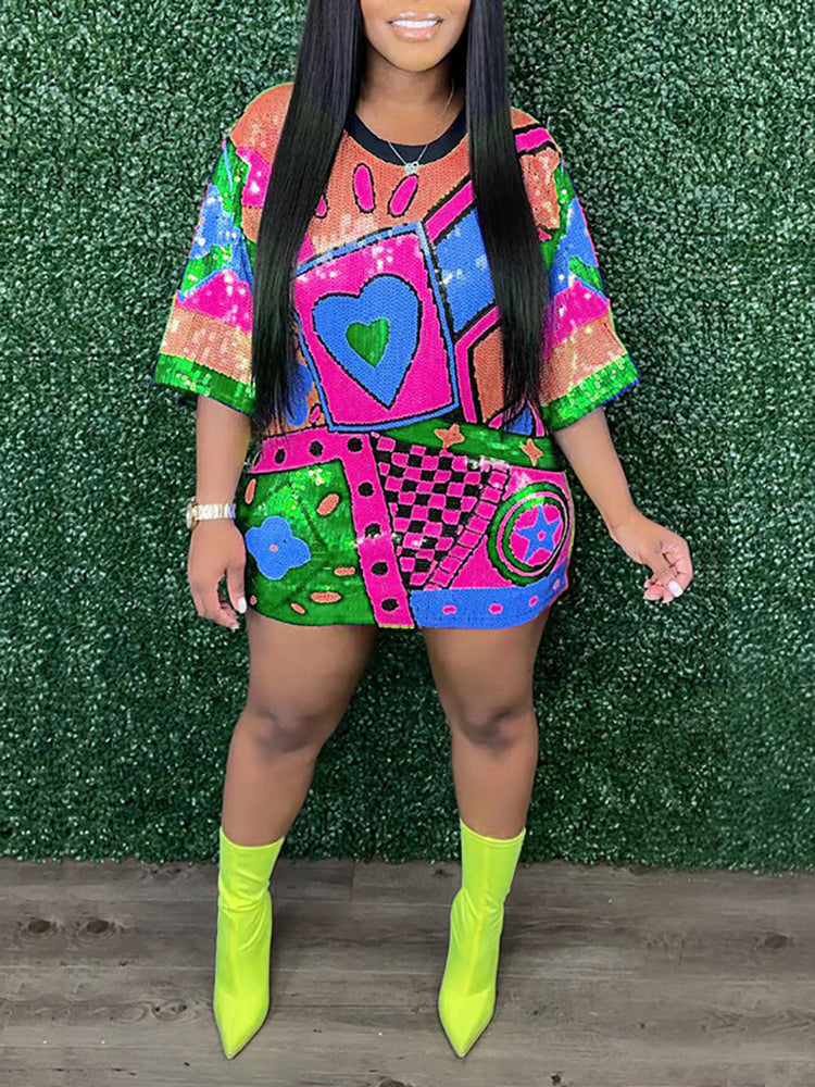 Short Sleeves Sequins Mini Dress