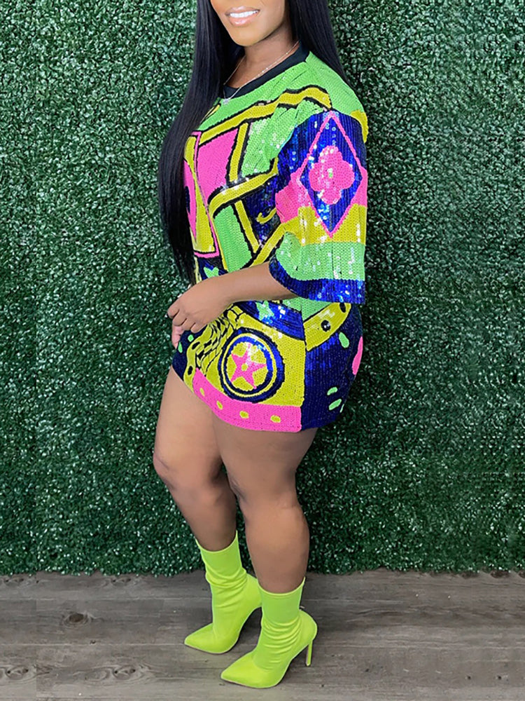 Short Sleeves Sequins Mini Dress