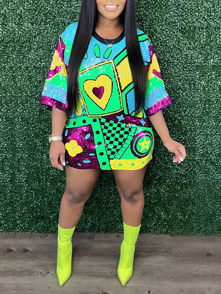 Short Sleeves Sequins Mini Dress