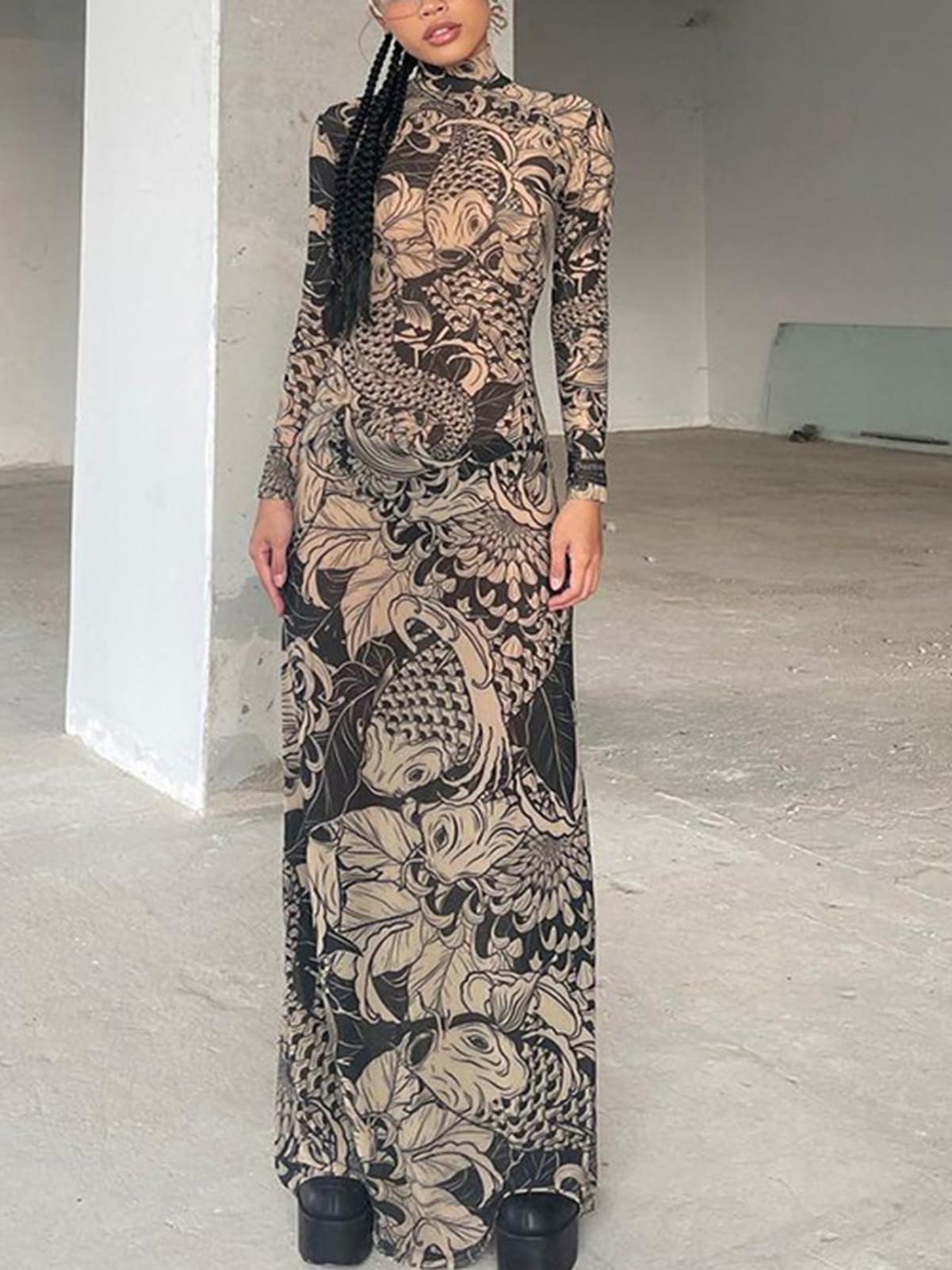 Mock Neck Mesh Print Maxi Dress