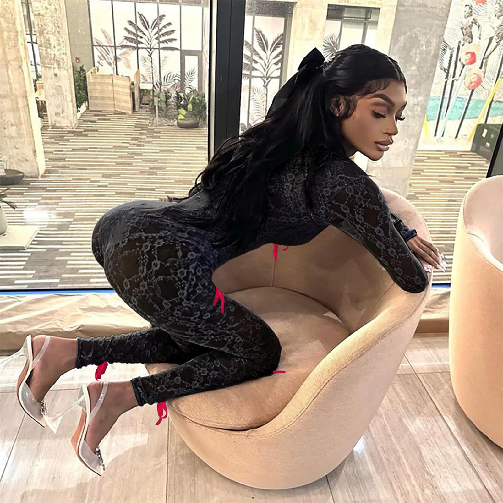 Mesh Long Sleeve Bodycon Jumpsuit