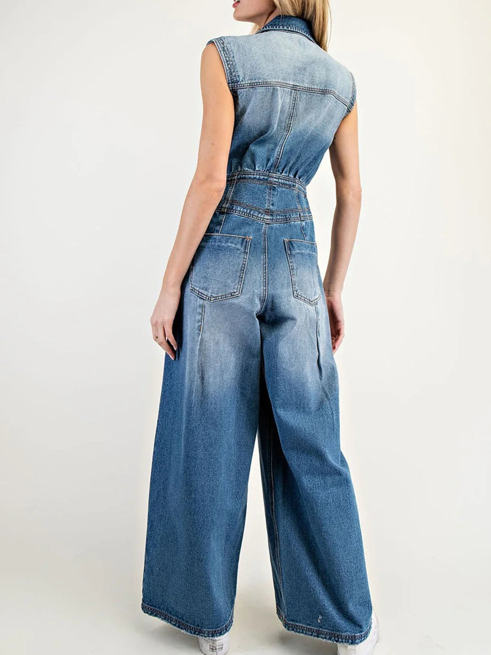 Sleeveless Button Denim Wide Leg Jumpsuit