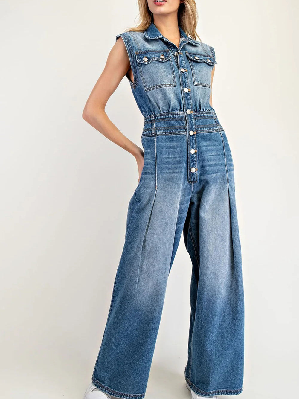 Sleeveless Button Denim Wide Leg Jumpsuit