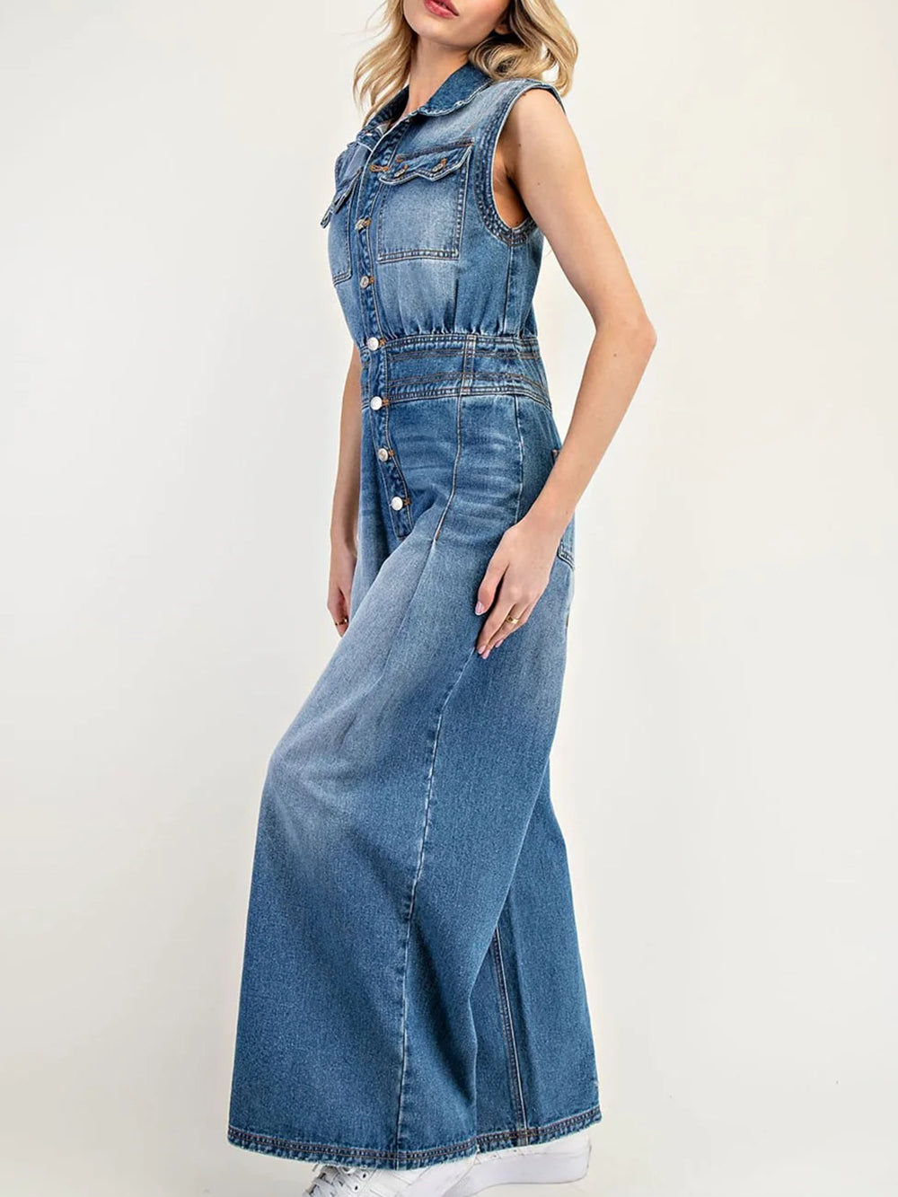 Sleeveless Button Denim Wide Leg Jumpsuit