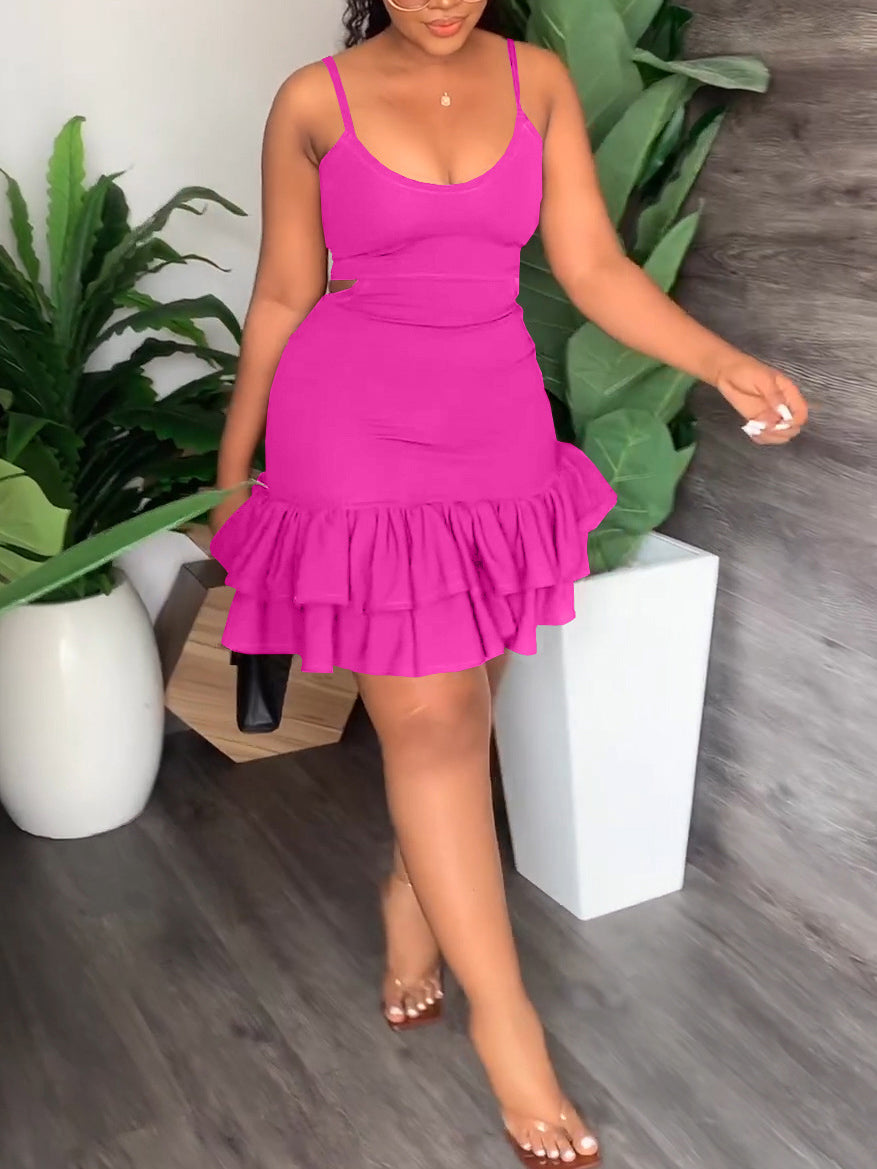 Spaghetti Strap Cut Out Ruffle Mini Dress