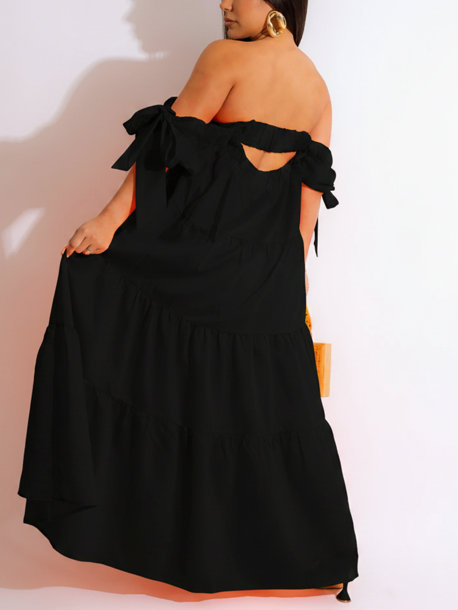 Off Shoulder Ruffle Asymmetric Midi Dress