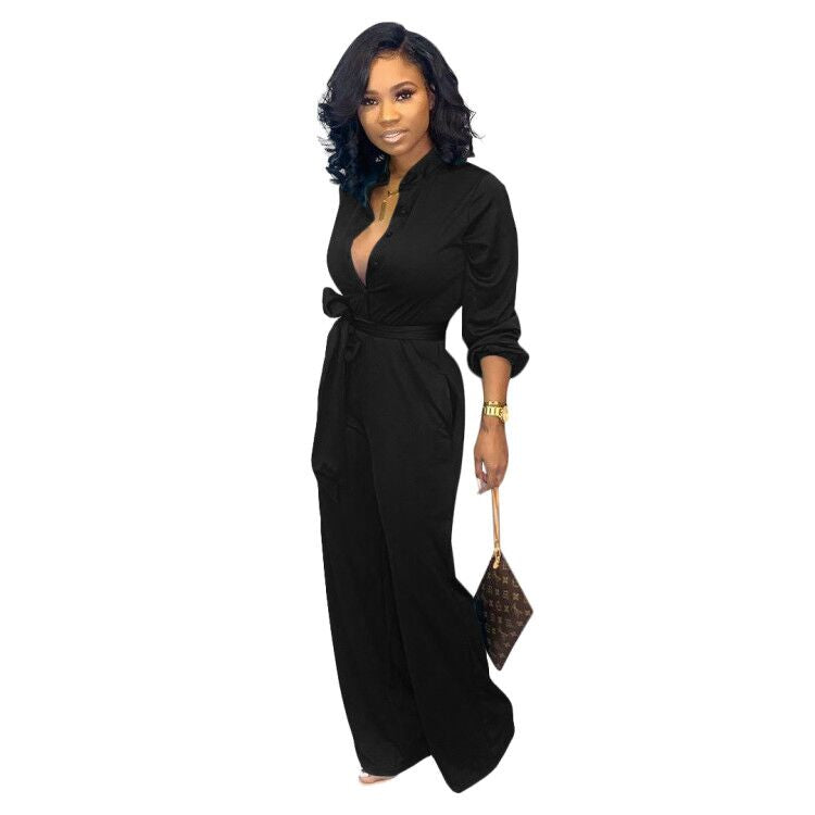 Long Sleeve Button Wide Leg Jumpsuit