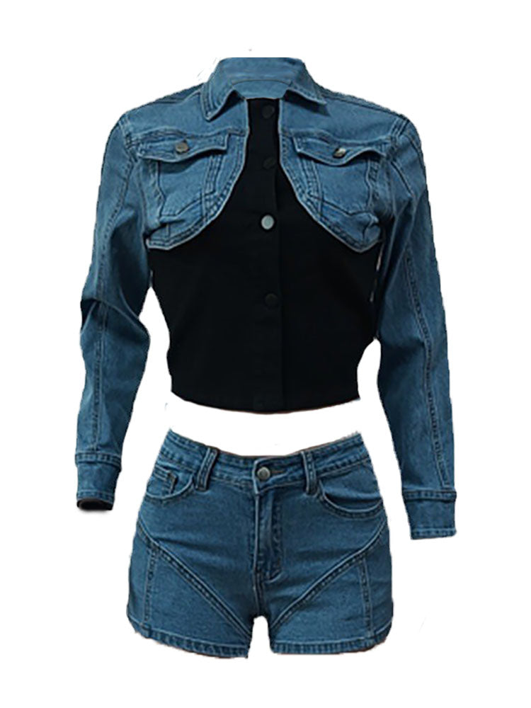 Denim Patchwork Elastic Shorts Two-Piece Set